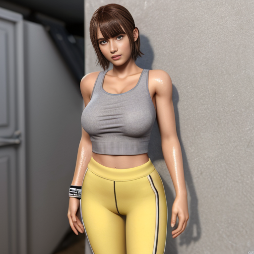 create a image of planetronika girl wearing grey baggy pants and crop top blue butterfly played by women bella thorne in real life live action,  short hair straight with yellow tip highlight on her bangs, her wet pants pull lower keep it that way, wet on her top showing  her nipples inside her top, uncensored 