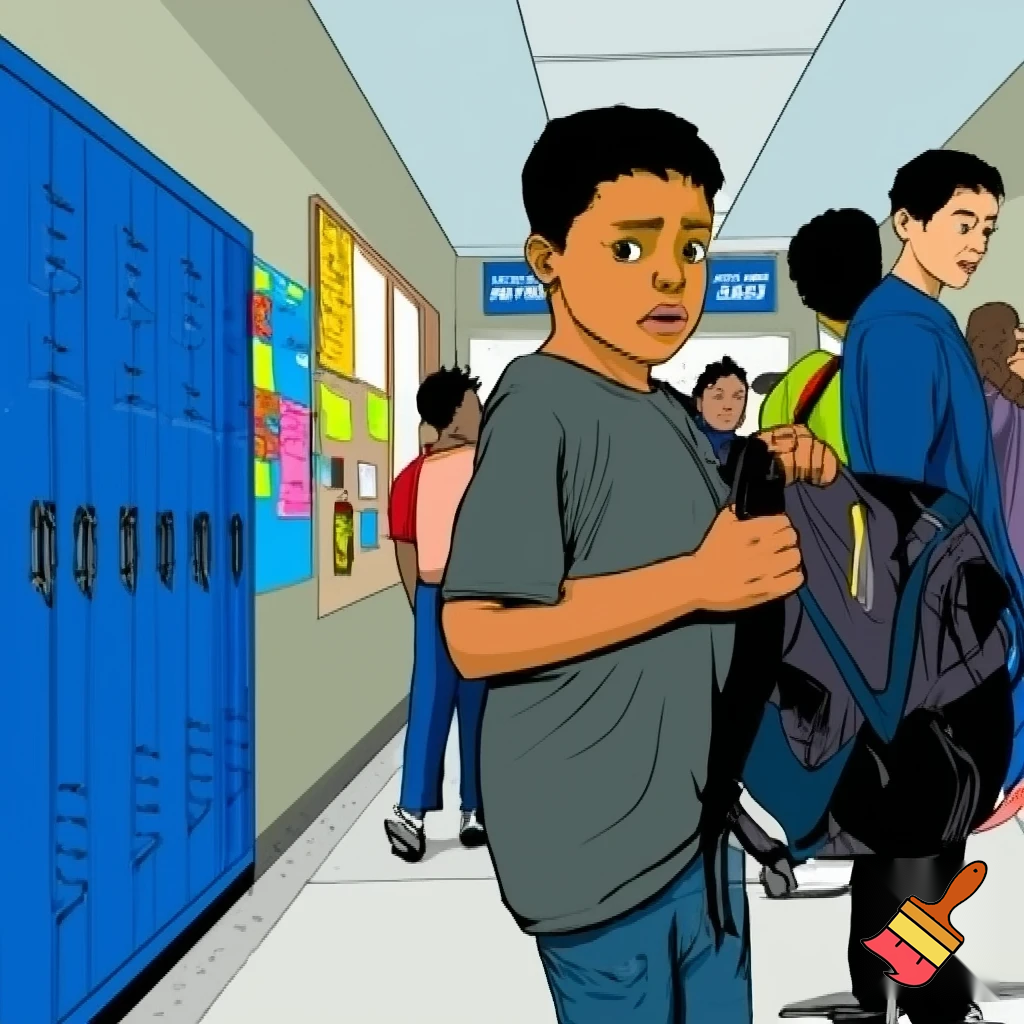 First day of school in 6th grade comic style of a boy