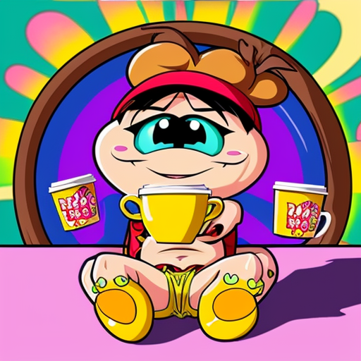A hillarious, funny boho toad with some hippie colored coffee cups. Psychedelic decorated background. Hard style.