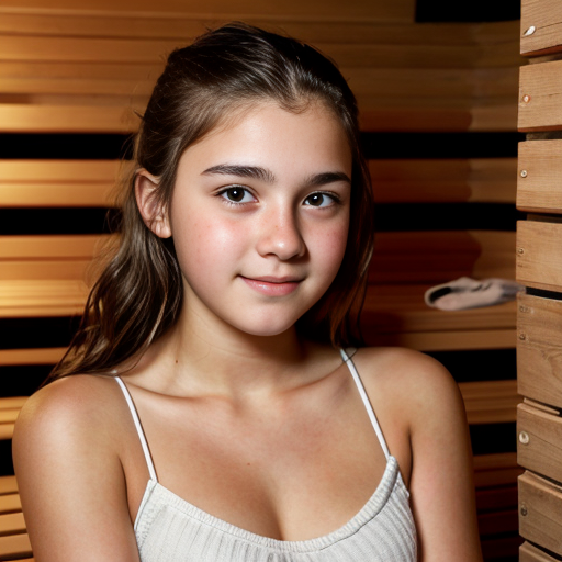 a self portrait of a 14 year old girl with wavy dark brown hair and brown eyes with a diamond face shape teenager , at sauna