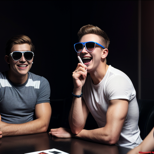 5 Jacked strong lean teen men wearing sunglasses and all of them are wearing white t shirt with dark blue jeans and they are all smiling and laughing in a dark room with party lights on (no one else in the room) (2010s color photo) (realistic photo with a slight shaky effect) and it looks like there is soda on the table. 
