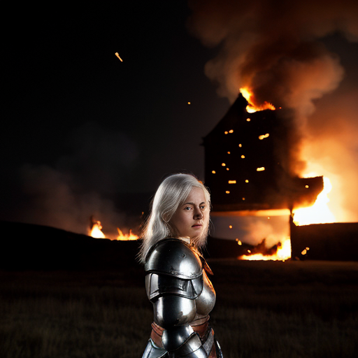 young, tall, white-haired woman in armor stands in front of a burning castle into which meteorites are falling.