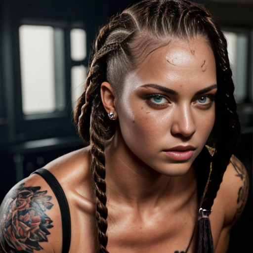 Muscle women  dark red cornrows dark green eyes tattoos