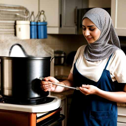 Женщина мусульманка покрытая волосы не видно груди не видно косинка длинная, стоит у плиты, готовит суп, 