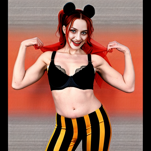 90's disney's 2d aladdin style comic black background and panels of 
panel 1 Harley Quinn with light black and red striped harem pants and bra and black and red curved slippers with both hand palms place together and hiding the bottom of her mouth with a light black and red striped veil wrapped around her arms and shoulders. 
panel 2 she danced with light black and red striped harem pants with light black and red striped bra and red and black curved slippers and with light black and red striped veil wrapped around her arms and shoulders and raising legs and bounced up and down her belly and shook her hips left and right. 
panel 3 as Harley Quinn with light black and red striped harem pants and bra and red and black curved slippers and with red and light black striped veil wrapped around her shoulders and arms and spreading her arms, happily revealing her face to the viewer and giving a smile as she shook her belly left and right. 
Panel 4 Harley Quinn with light black and red striped harem pants and bra and black and red curved slippers and with light black and red striped veil wrapped around her shoulders and arms has started to fading away , except her belly, which is bouncing around and growing. 
Panel 5 then the ball transforms into the fading in belly of Giant red haired giganta barefoot with dark yellow spotted yellow harem pants and bra and dark yellow spotted yellow veil wrapped around her arms and shoulders with her swaying her hips. 
Panel 6 red haired giganta barefoot with dark yellow spotted yellow harem pants and bra and dark yellow spotted yellow veil wrapped around her arms and shoulders then she is flexing her muscled arms.