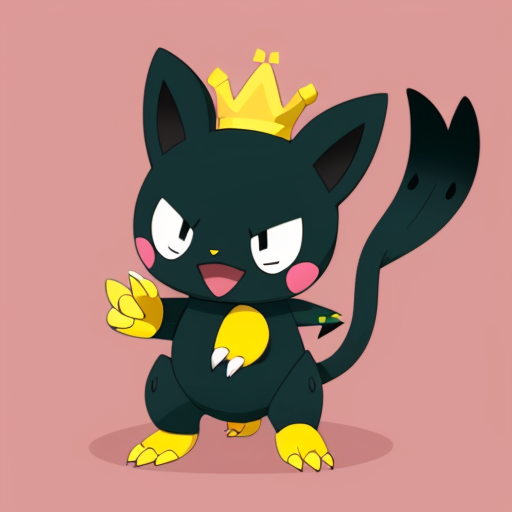 rubberhose bipedal, black, cat/weasel-like Dark/Ice-type Pokémon characterized by its sharp claws, golden yellow feathery crests, and a green forehead gem. Standing 3'07" tall, it features a red collar-like crown, two tail feathers, and green, almond-shaped eyes with dark lashes. pokemon big claws and big feet