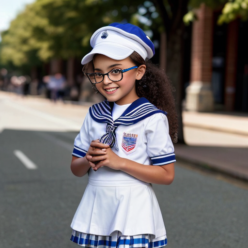 Cute adorable niña Chilindrina glasses con hair lazo curly con verano sailor uniforme escolar con zapatos negros escolar con calcetines blancos con sombrero sailor con grupal con caminar con desfile Estados Unidos América bandera con ciudad 26