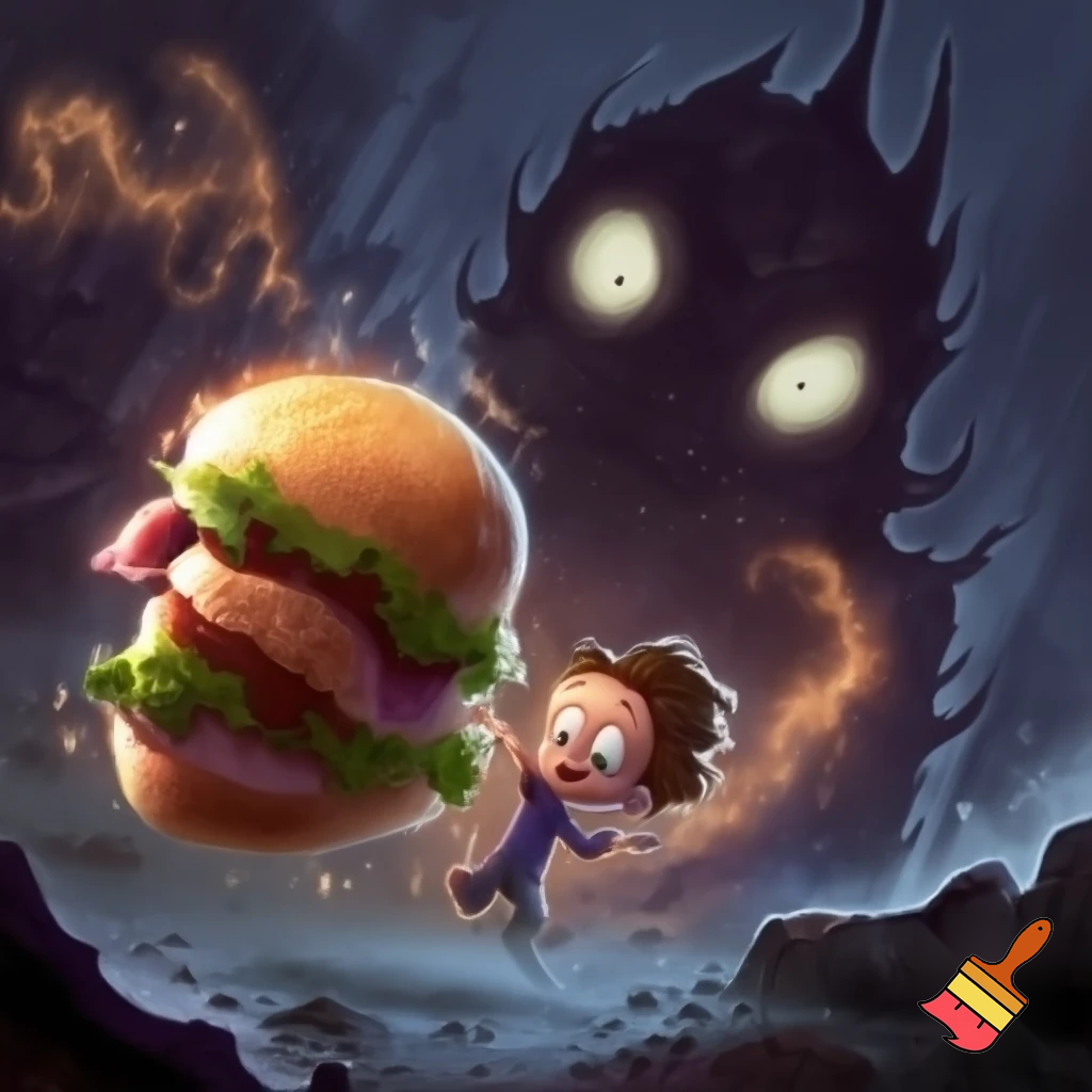 use a small chap eating a massive burger while getting chased by a terrifying monster