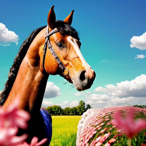 Horse with pink flowers in braid of horses hair in a green field with blue sky and cloud

