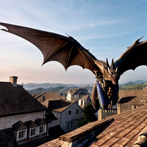 Draw me a mythological dragon flying through the sky above a village, breathing fire on the houses