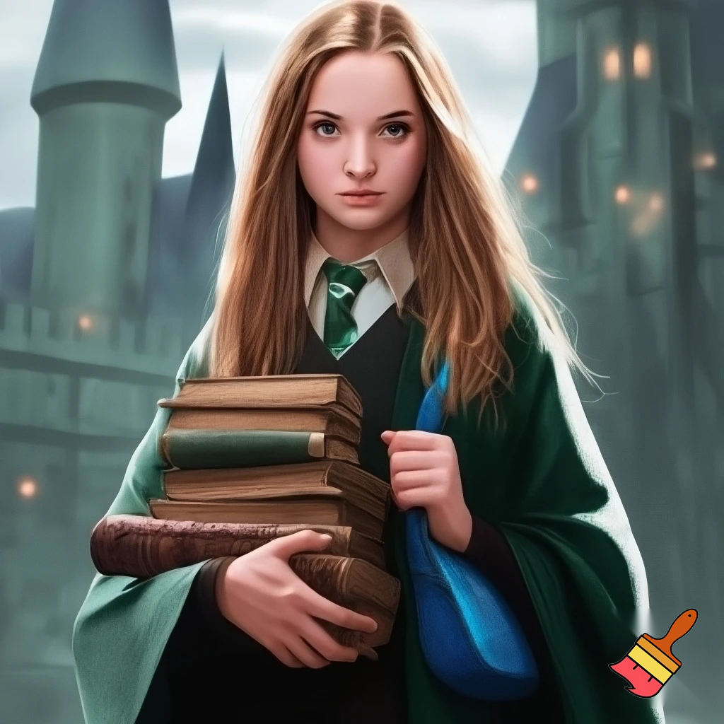 Make me a picture of a young 14 year old girl with straight brownish-blonde hair and pale skin and glasz colored eyes. She is wearing Slytherin robes and standing in front of Hogwarts holding her books and she has a small blue side bag