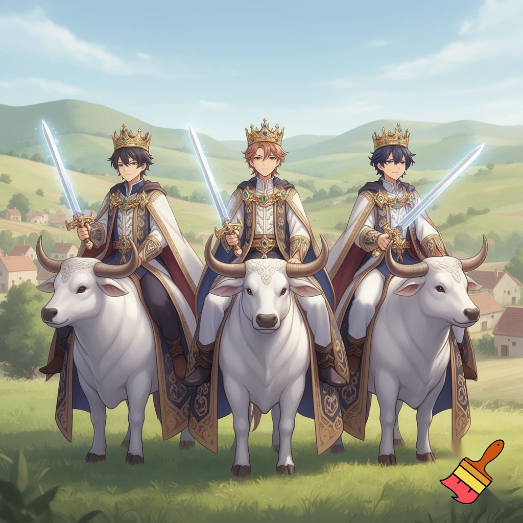 three young man wearing crowns,swords and royal robes riding white oxen in village hills 3D anime cartoon 