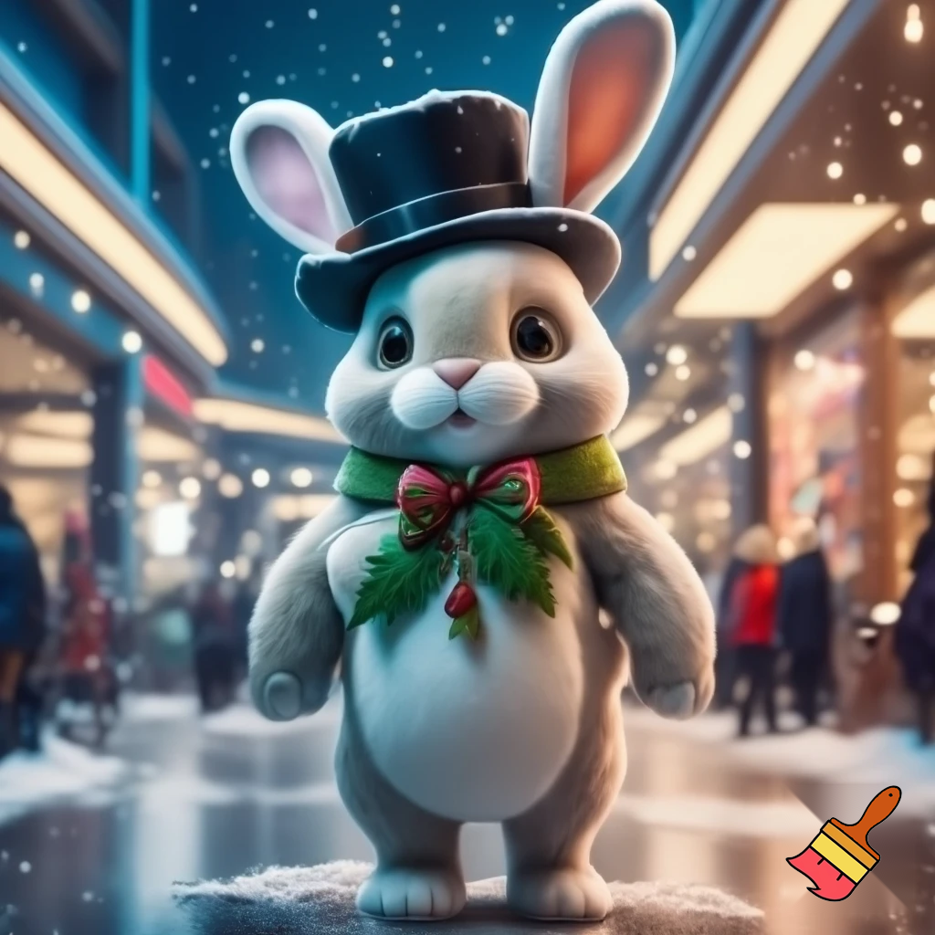 Easter bunny mascot costume shopping Centre winter top hat