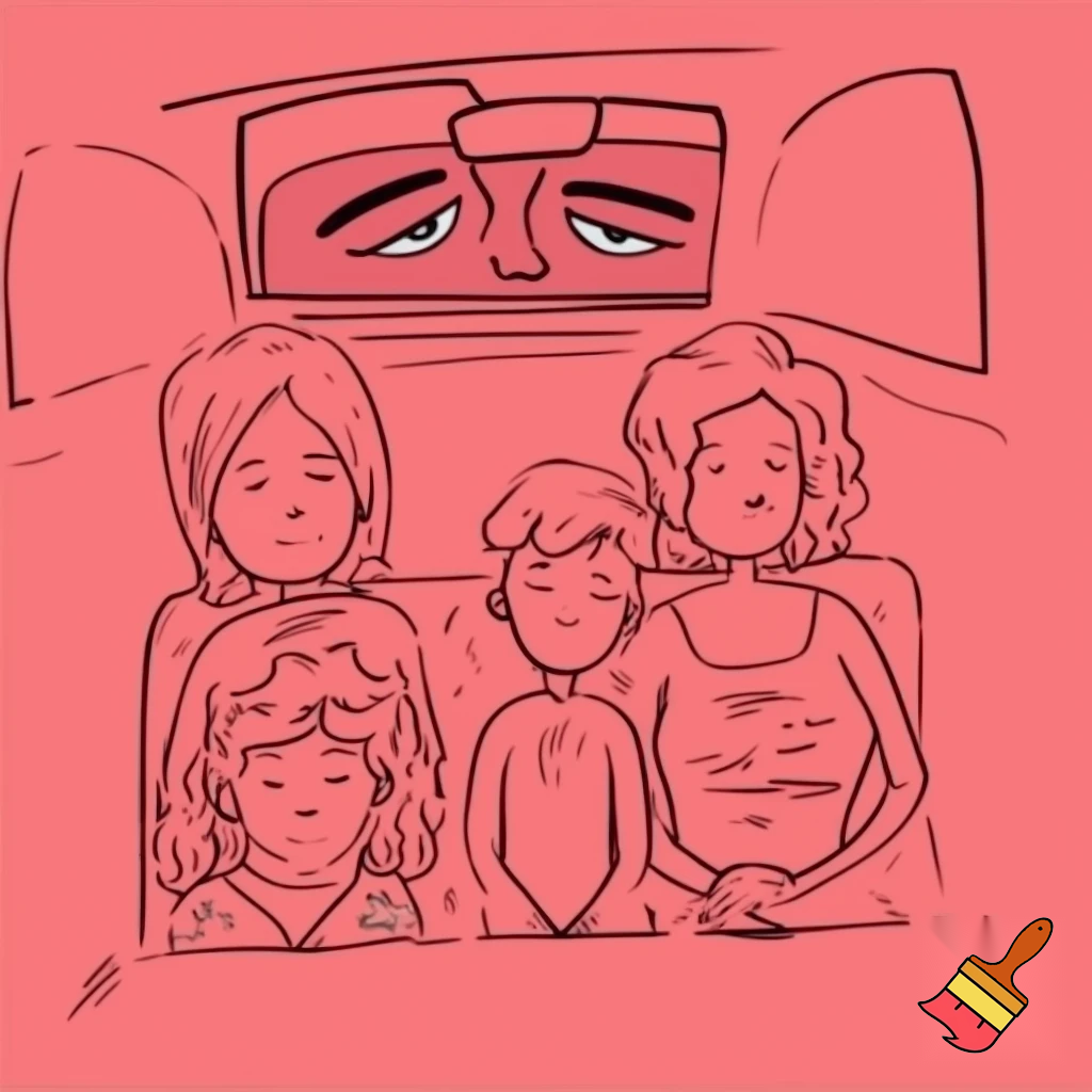 Draw a family 4 a dad with tattoos 7 year old sister 13 year old brother and the mum has tired under eyes in a car

