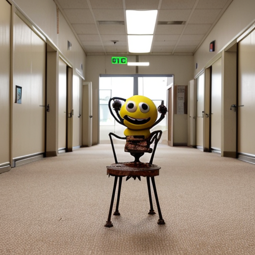 A creature with a yellow smiley ball for a head and a rusty, distressed red metal barrel body stands at the center of a corridor in the Backrooms. It has thin, wire-like arms with white gloved hands, springy legs, and worn-out shoes. The Backrooms environment features endless hallways, yellow patterned wallpaper, fluorescent ceiling lights, and a dirty, worn carpet. A cardboard box and a chair can be seen in the distance, while dust motes float in the air. The perspective is a full-body shot.
