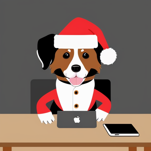 Create an image of an anthropomorphic dog sitting at a desk, working on a computer. The dog is smiling and wearing a red Santa hat. 9:16