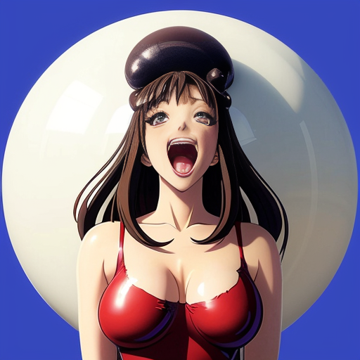 Actress Nia Long a long hair as a spherical shape inflated like a balloon a gigantic rounded chocolate ball body overinflated Her body is exaggeratedly rounded, forming a sphere, with no visible definition of limbs. she was being eaten and ripped by the giant human mouth of the mouth background giant white human face male mouth her body inside the giant mouth being eaten, biting and ripped and devoured by a giant human mouth background . The style is surreal and comedic, with a digital or graphic manipulation aesthetic. The lighting is even and diffused, casting no strong shadows. The image is presented from a slightly high-angle perspective, emphasizing the exaggerated spherical form