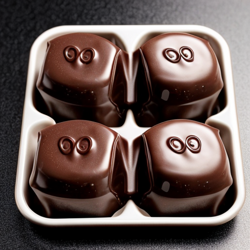 four square-shaped chocolate pieces off of a chocolate bar.