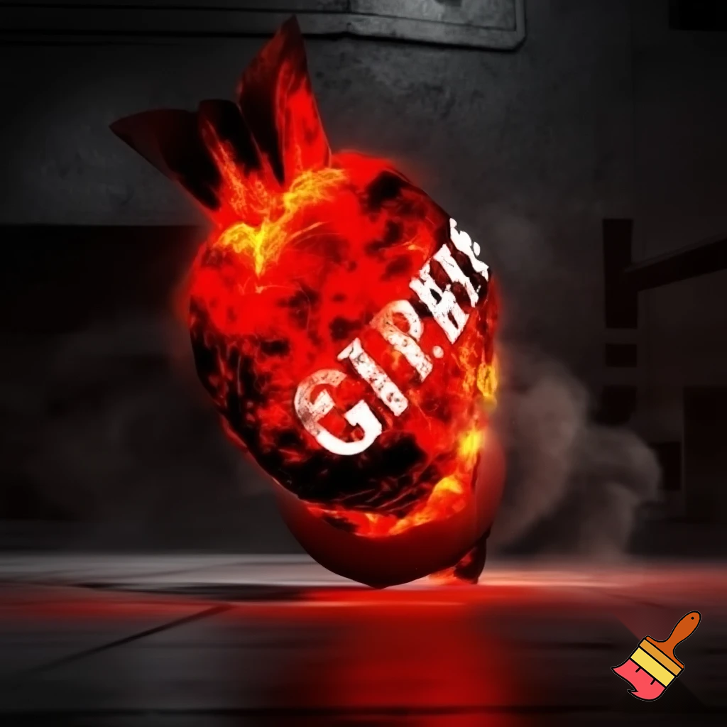 A bomb with red swirling flames and big text that says montagem industry