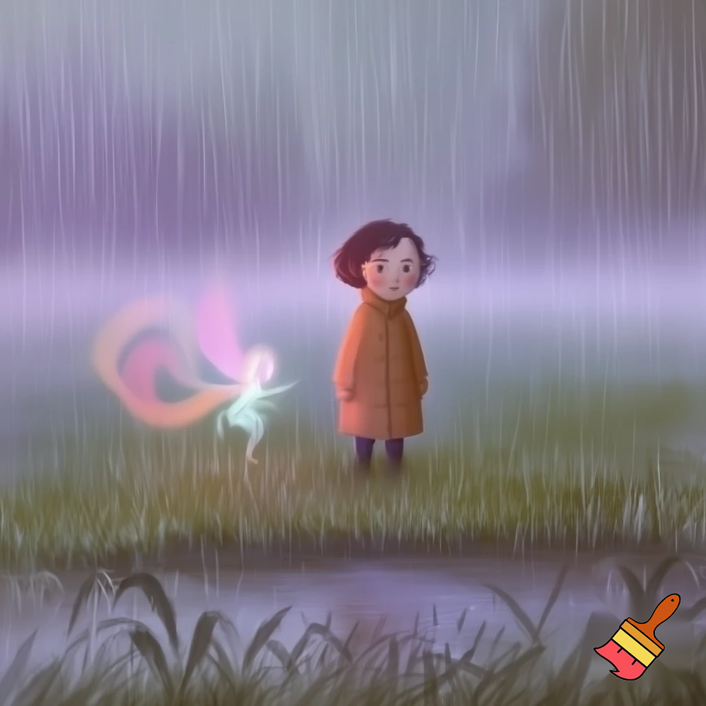 “Morning in the Mist”

A young girl named Sarah stands at the edge of a misty forest meadow on a rainy morning, coat buttoned to her chin. Beside her drifts a tiny glowing Fey, a spirit of light woven from wind and color. The scene feels calm, magical, and full of possibility; soft lighting, painterly children’s-book style, pastel palette, detailed fog and grass.