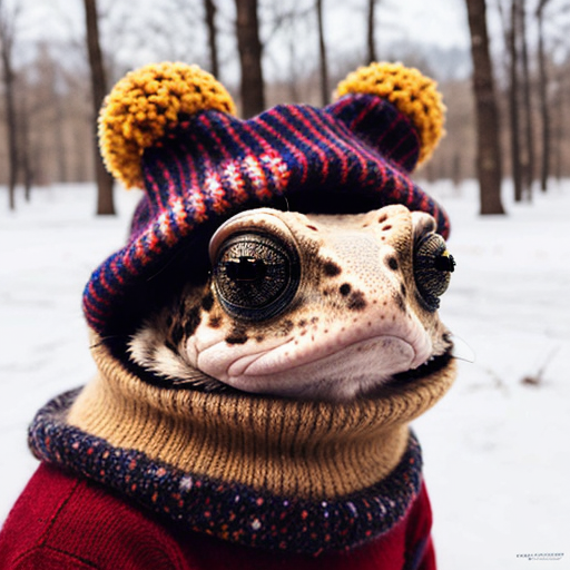 A laughable, puzzled animal toad in woolen, multicoloured winter clothings with woolen, funny winter cap. Hyperrealistic art style.