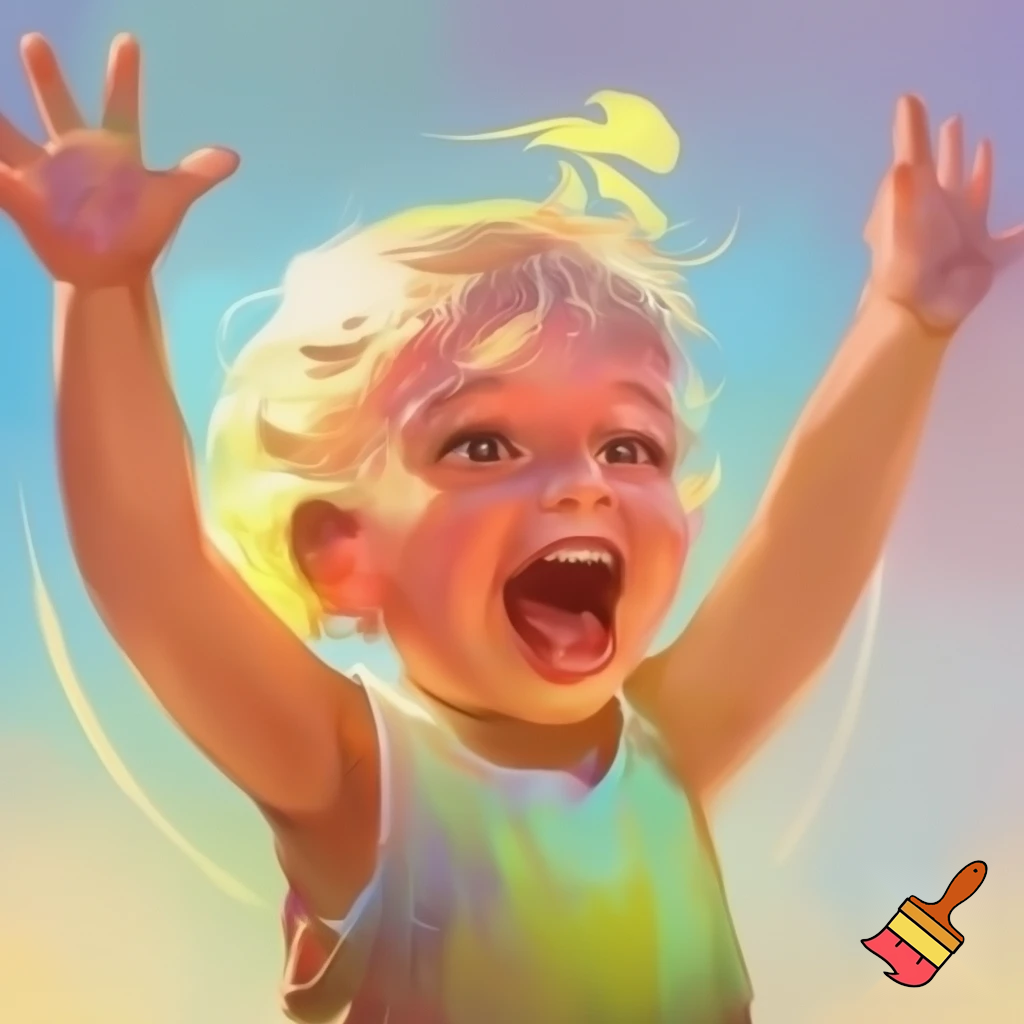 Kid with blond hair and ice cream hair cut moving hands up and down shouting 67