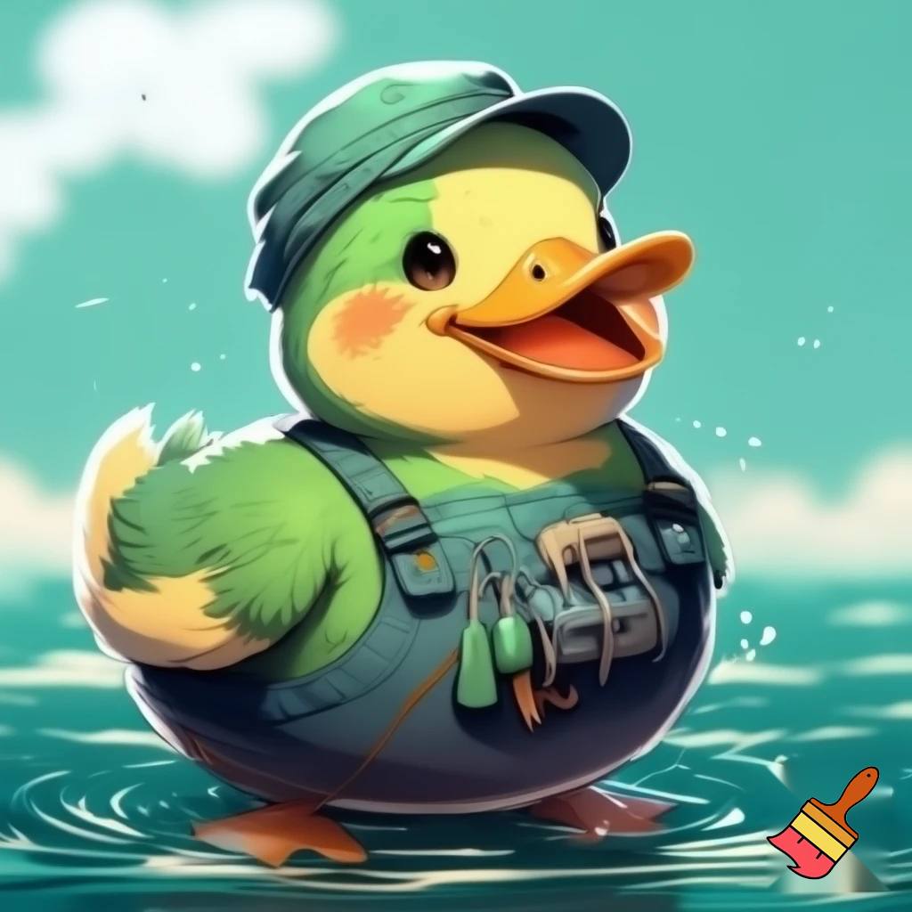 pato, feliz, desenho estilo anime, cor verde, roupa de pescador