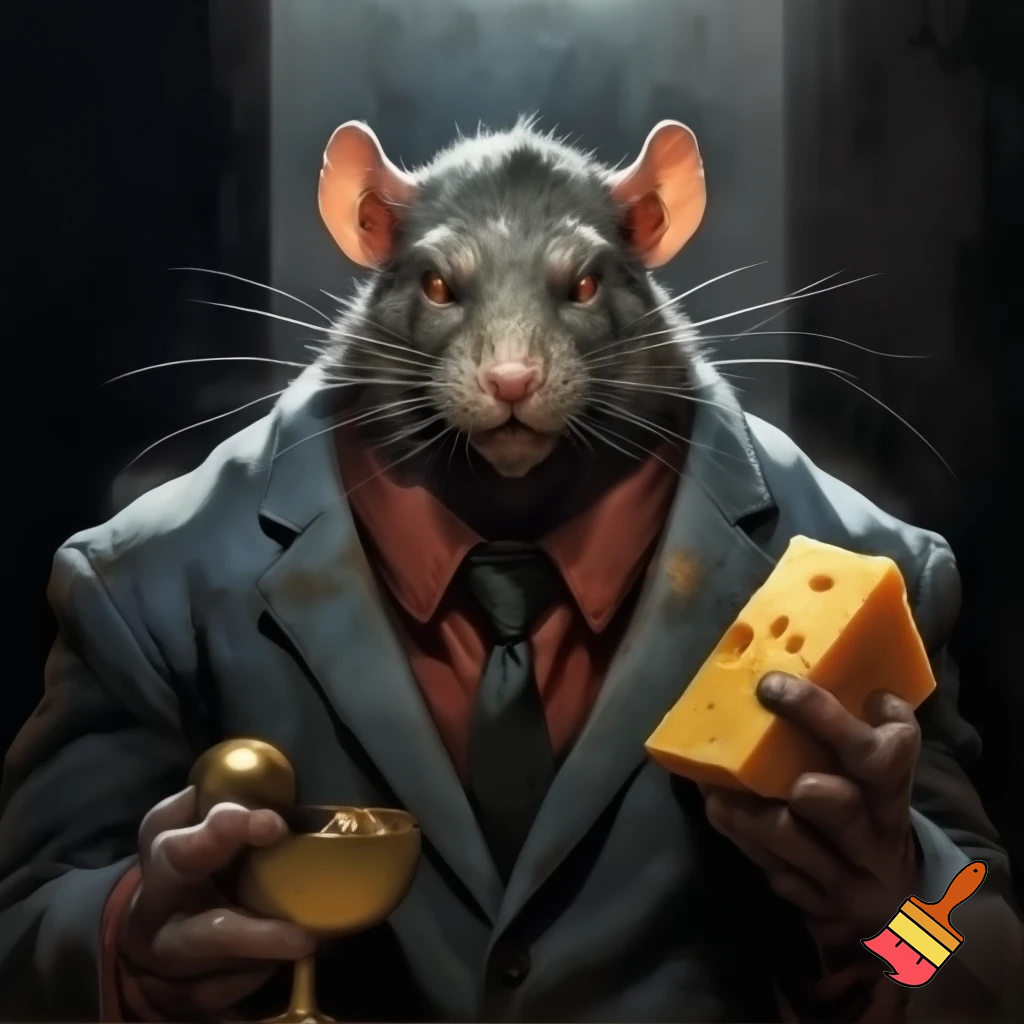 Strong rat, cheese in hand, mugshot evil with suit rat
