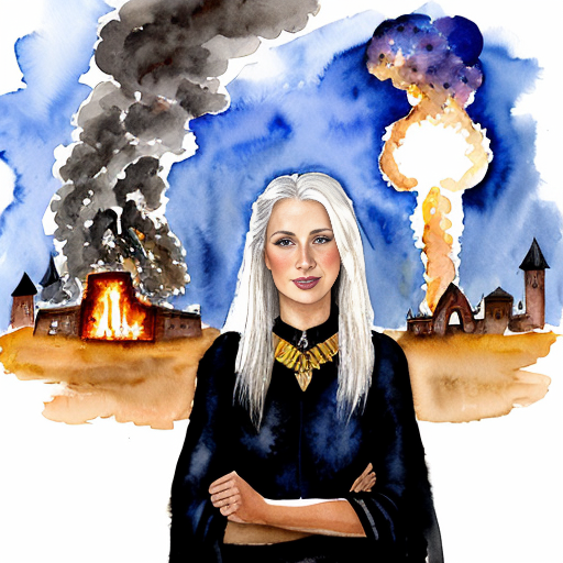 young, tall, white-haired woman in armor stands in front of a burning castle into which meteorites are falling.