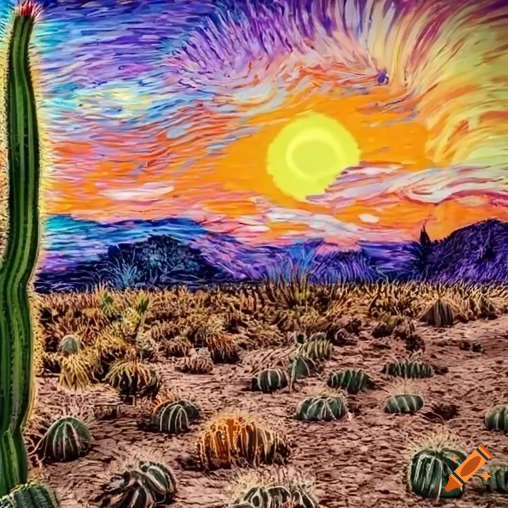 cactus in desert at sunset style of van gogh fantasy