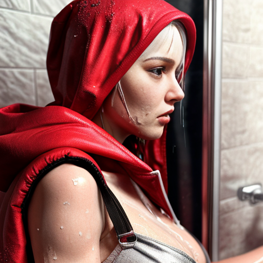 cute red riding hood, cinema, realistic, ultrarealistic, sideview, silver hair, strong makeup, 12 age, opening her hood, cameltoe, opening, wet, at shower, view from up, pullin, pulling down pnt