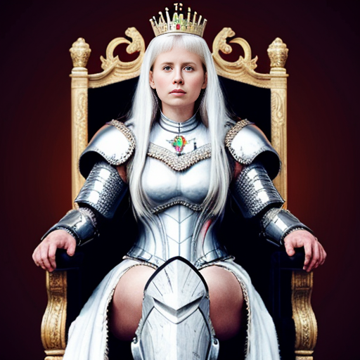Tall, white-haired Queen of Poland in armor sitting on a throne