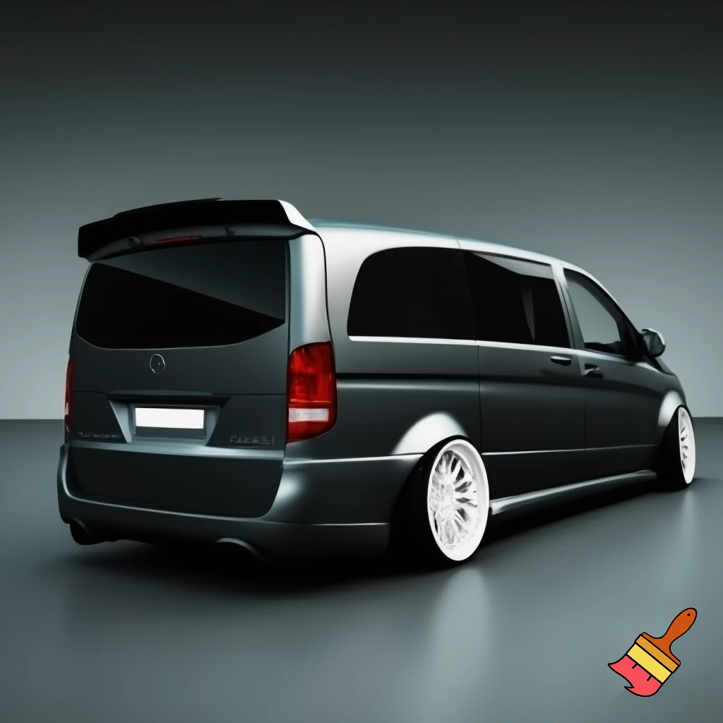 mercedes vito  w638, 19-inch rims braid - 28-inch white Selcus Wheels rims, has extra-large kit car spoiler, wide fenders, sunroof, no music, glazed.
