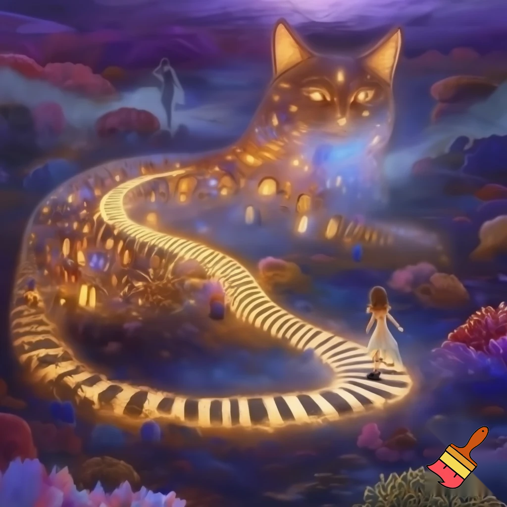 Можешь создать картинку - огромный кот на фоне сказочной природы , сквозь  его тело  проходит дорога во вселенную, его шкура состоит из домиков сказочных, его хвост пушистый полосатый в виде дороги, по которой идет юная девочка в полупрозрачном легком платьице , босиком, а на выходе из кота полупрозрачный силуэт взрослой девушки.