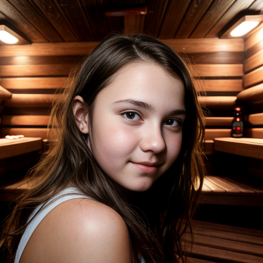 a self portrait of a 14 year old girl with wavy dark brown hair and brown eyes with a diamond face shape teenager , at sauna
