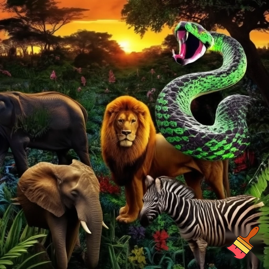 draw a group of animals together in the african jungle but a snake with fangs by itself