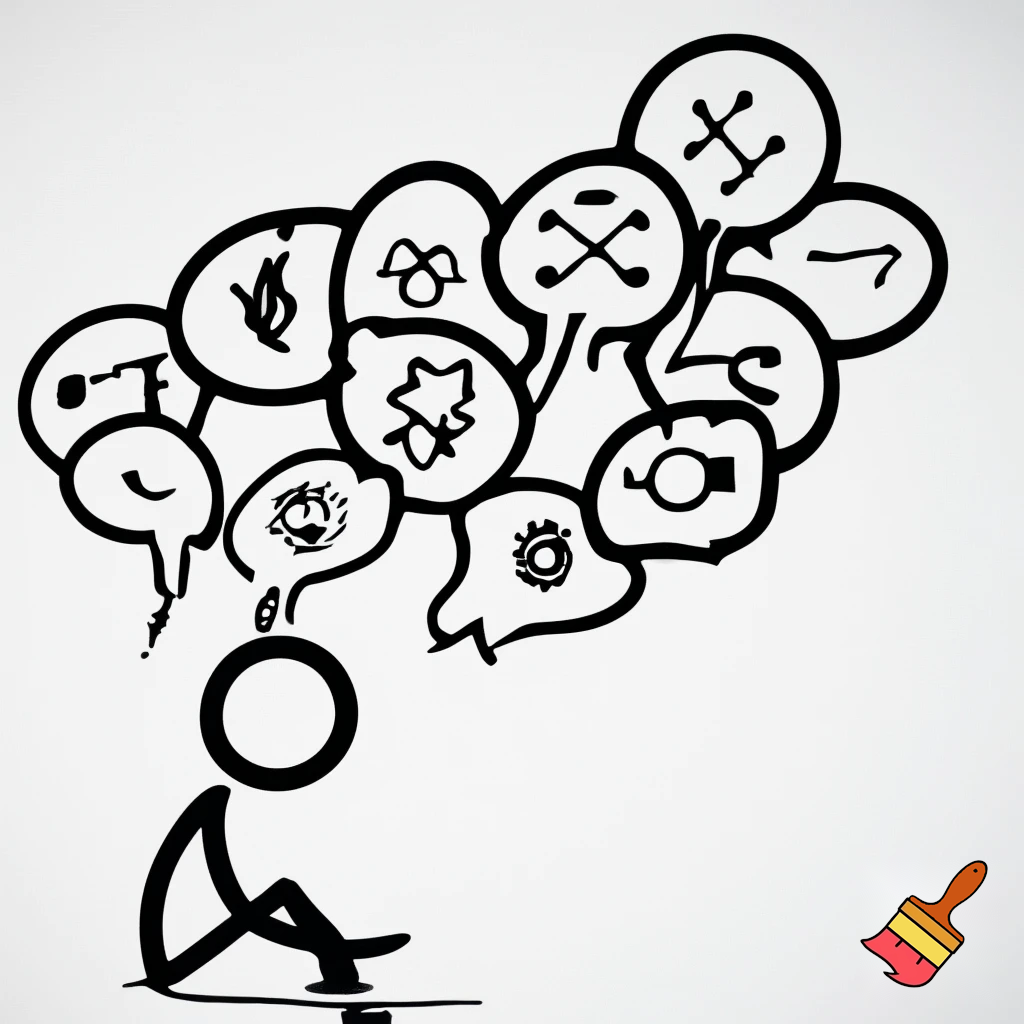 Hook / Brain thinking

Minimalist stick figure sitting, thinking with multiple thought bubbles above head, black and white, xkcd-style, simple cartoon illustration