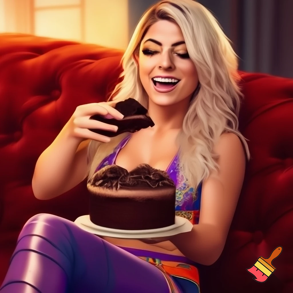 Alexa Bliss fatter eating cake on the couch
