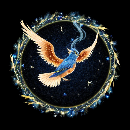 a magical spirit blue bird phoenix glowing and  transparent like smoke with a black starry night sky background