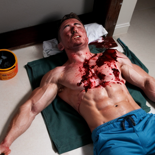 shirtless random man (neighbor, not everyone has abs or 6 pack.), face are hiding by shirt, died already, chest are open wounded circle in random man, blood everywhere, eye closed, floor on corpse body, not pant less.