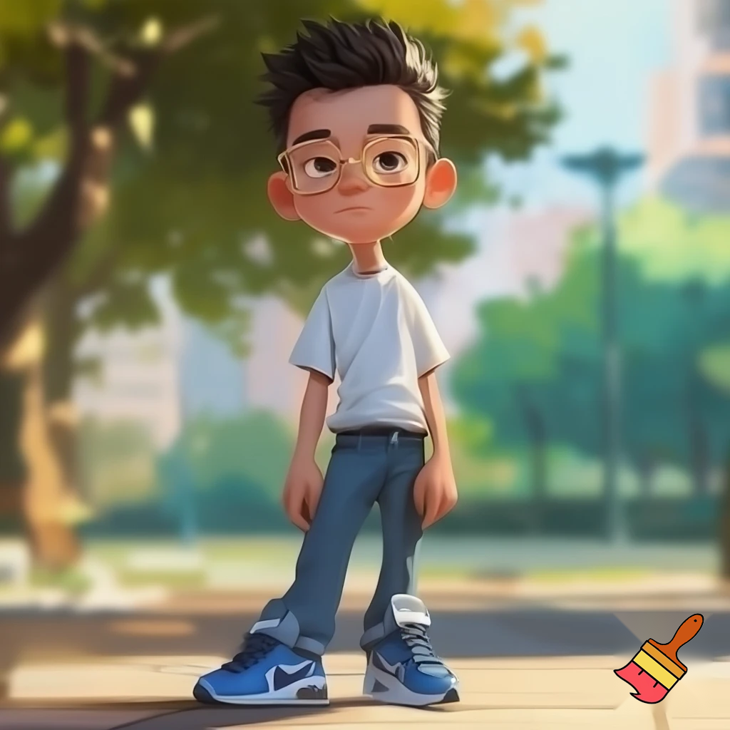 a boy standig he has a white skin coulor and black short hair he has bleu geans and a white bloes and bleu airmax shoes and he is whereing gold glasses and he is 12 years old
