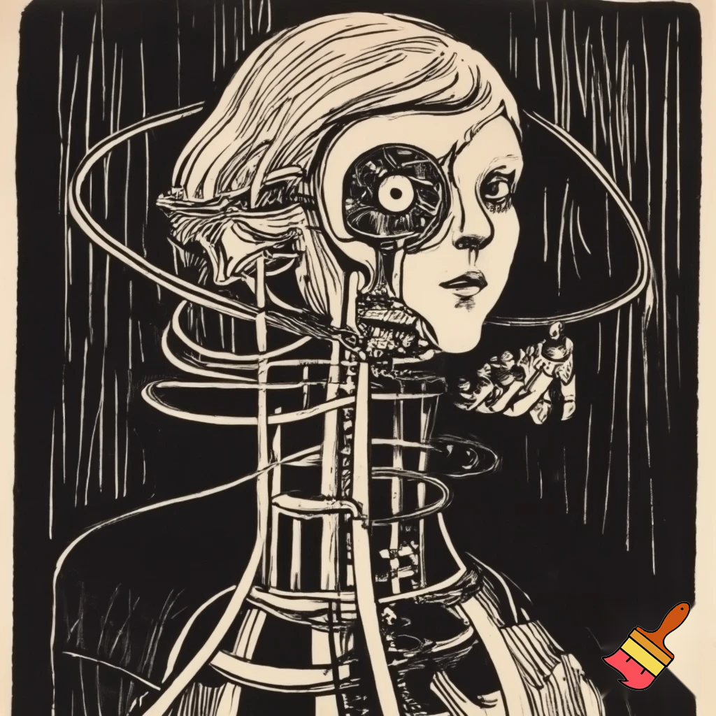 Bio-mechanical girl portrait, noise art. In the style of a 1920's German Expressionist woodcut print. Black & white.