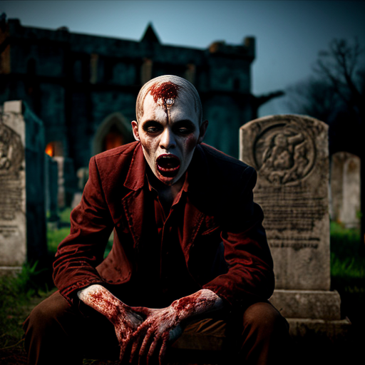 a vampire face with full crimson blood in his mouth. he is sitting in a grave with other zombies around and behind him is a big ancient castle