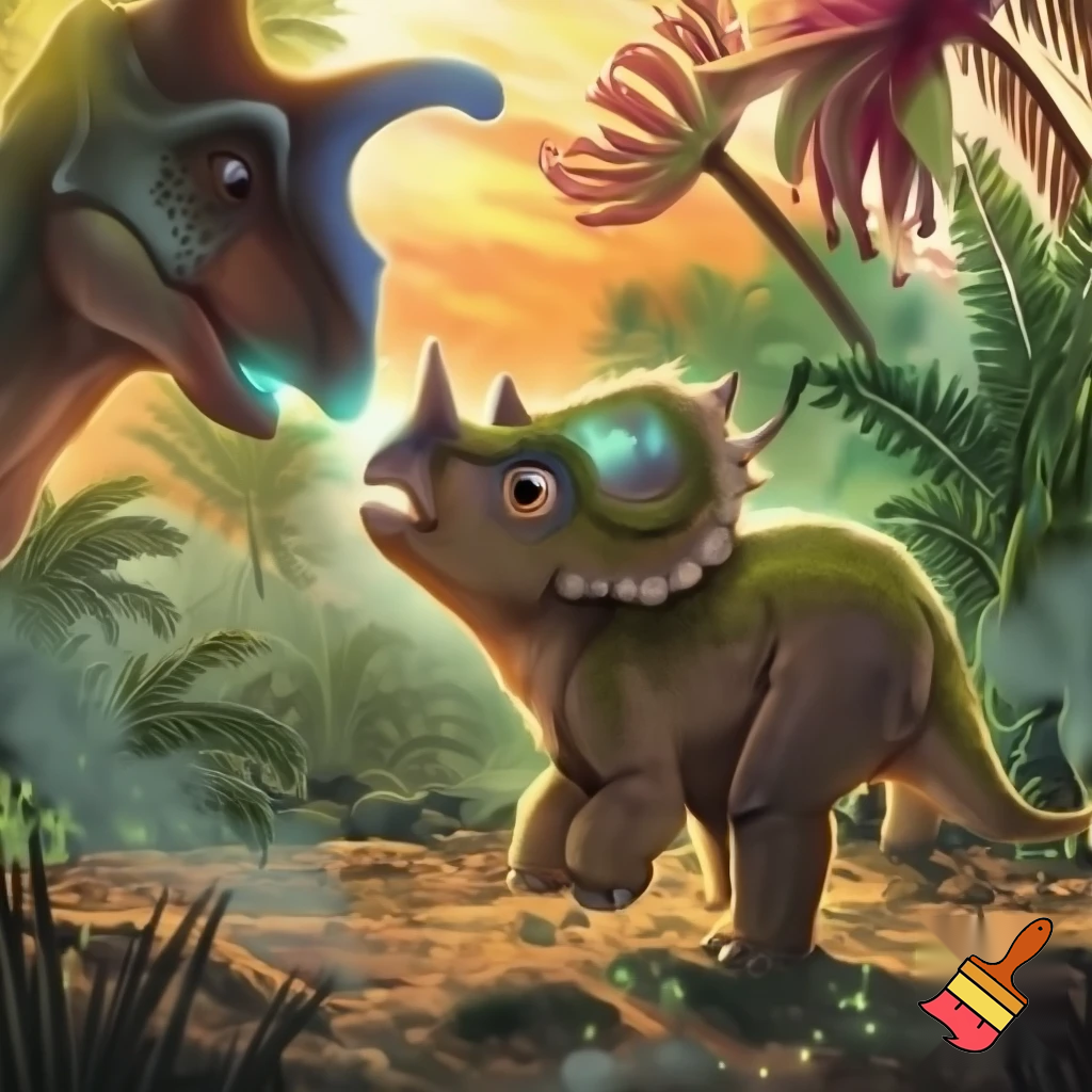 Draw a baby triceratops in the wild with a glowing nose horn and another dinosaur looking at him curiously 