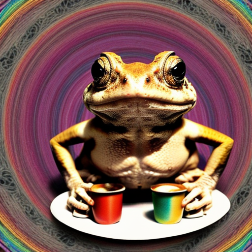 A hillarious, funny boho toad with some hippie colored coffee cups. Psychedelic decorated background, hyperrealistic. Close-up view.