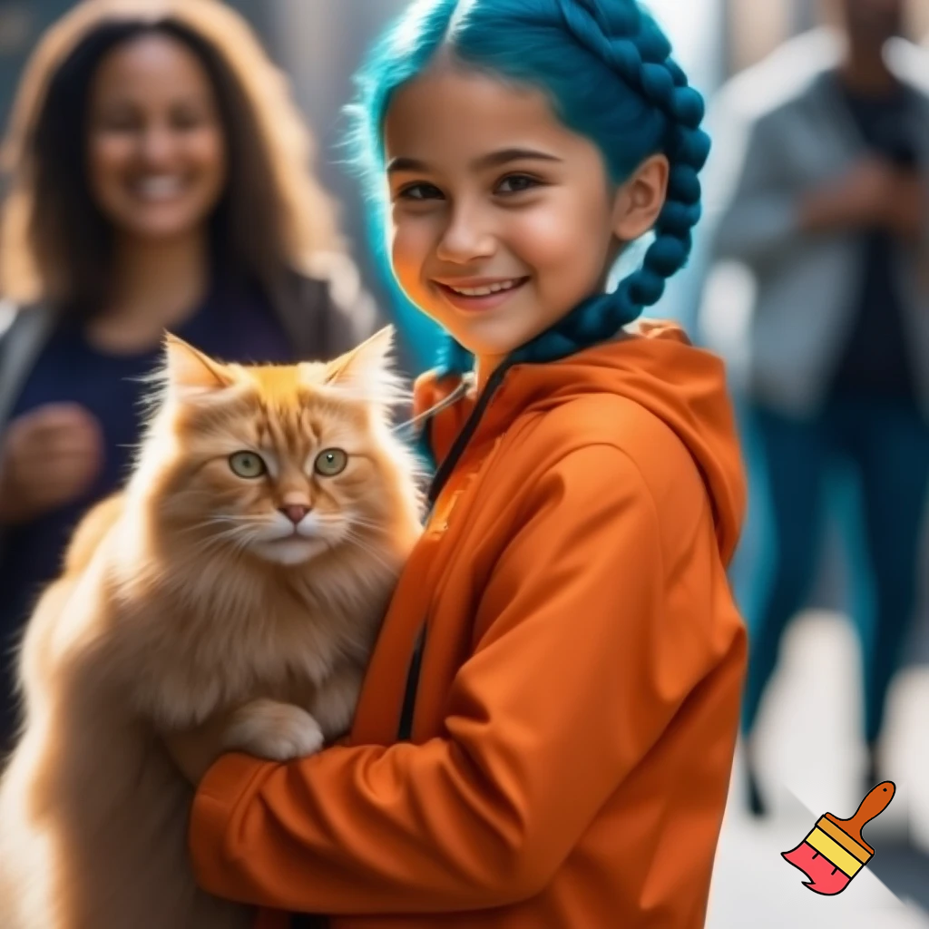 a girl with blue hair braid and a orenge jacket holding a cat and a smle all the people like her