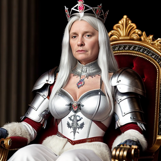 Tall, white-haired Queen of Poland in armor sitting on a throne