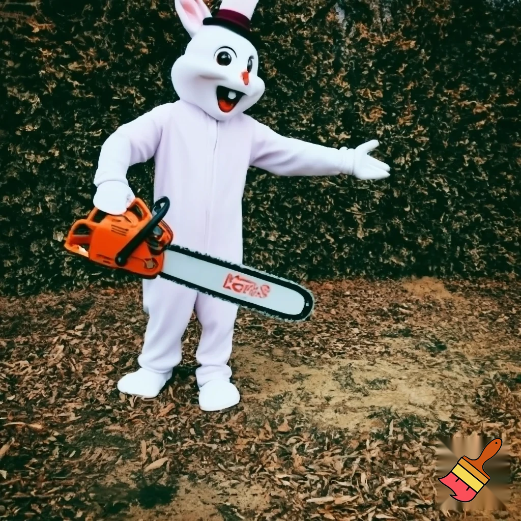 Easter bunny with a chainsaw with a top hat mascot costume go to naughty people angry Easter bunny