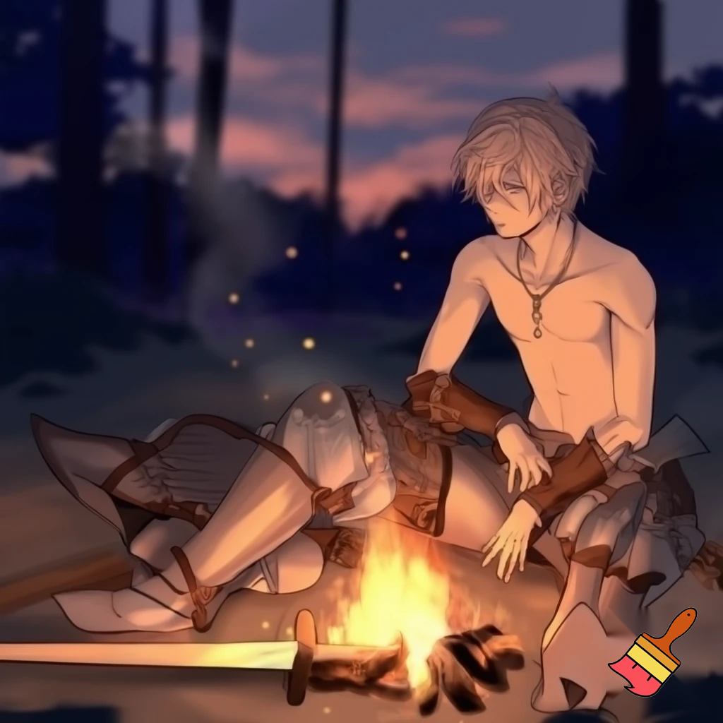 An anime knight with his armour off sitting around a campfire with his shirt off and only 