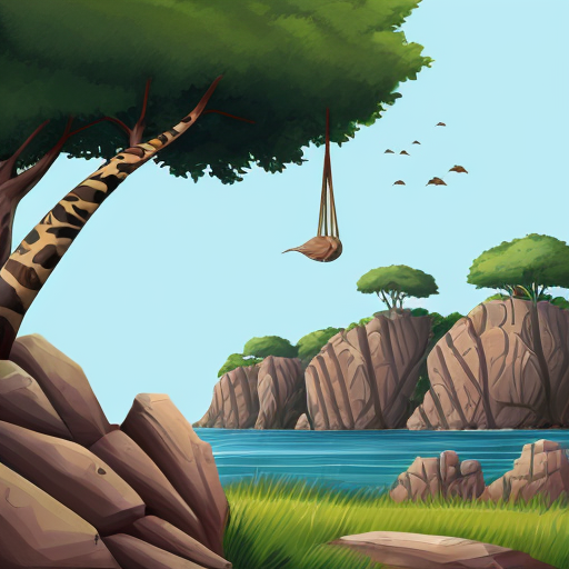 safari landscape, sea critters and fish strewn about, attempting to hide in the landscape, (behind rocks, hanging from trees, etc) Generate it in a cartoonish style.